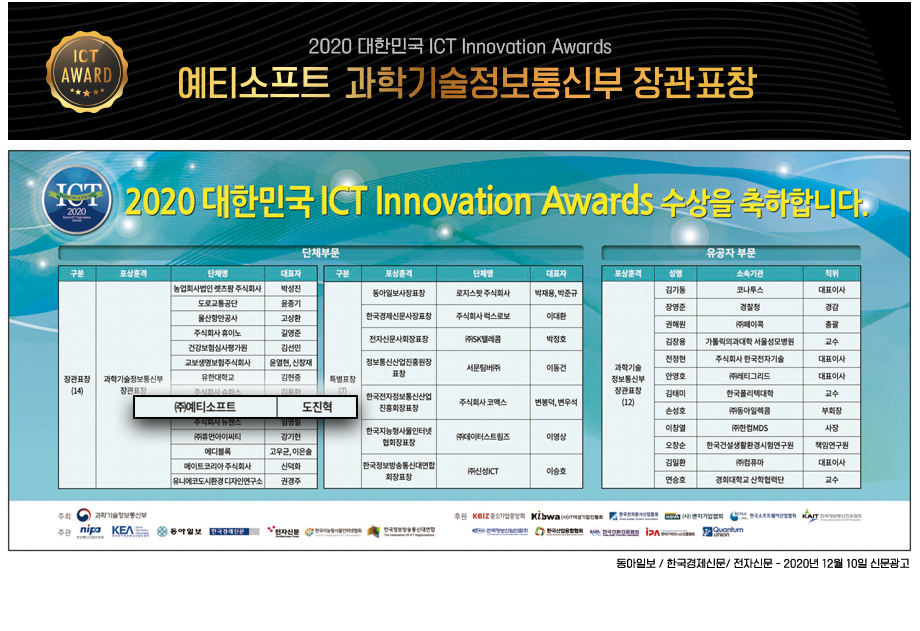 예티소프트 2020 대한민국 ICT Inovation Awards 수상